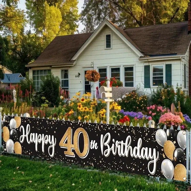 1pc Multi-size, Happy 40th Birthday Theme, Decorated with Black and Golden Balloons - Patterned Polyester Fencing Banner Flag, Suitable for Outdoor Lawn and Wall Decoration