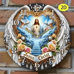 1 Wooden Jesus Christ Silent Wall Clock, Golden Hands Black Numbers, Religious Church Decoration, Jesus Angel Prayer Art, Flat-top Design, AA Battery Not Included, Durable Prayer Clock
