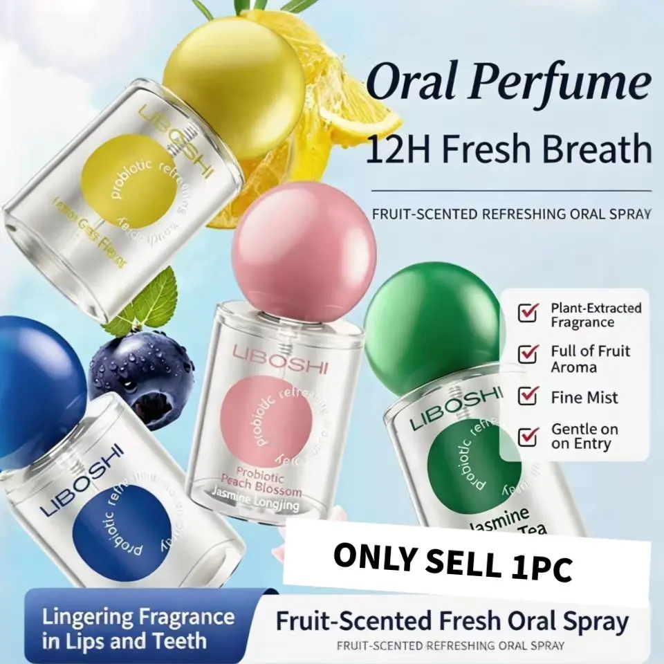 Multi-flavor Portable Breath Freshening Oral Spray, Peach, Mint Lemon, Jasmine Green Tea, Blueberry, Long Lasting Freshness, Eliminate Bad Breath, Bad Breath Killer, Gentle Mild Oral Cleansing Pocket Mist for Dating & Daily Use