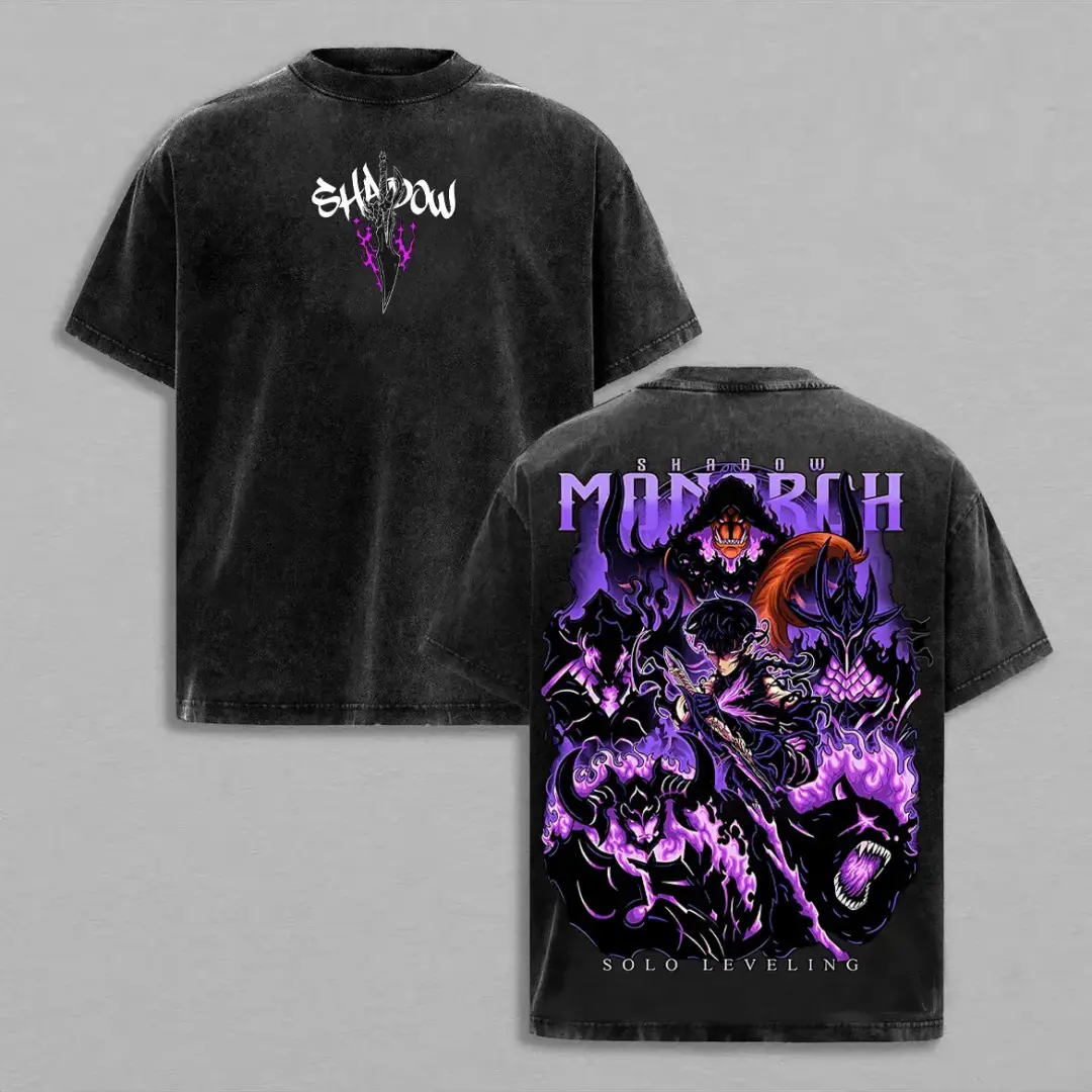 Shadow Monarch Anime Tee | Inspired by Solo Leveling & Sung Jinwoo’s Power | Dark Purple Graphic Streetwear | Awaken Your Shadows with Epic Art & Bold Design | Oversized Vintage Wash Shirt