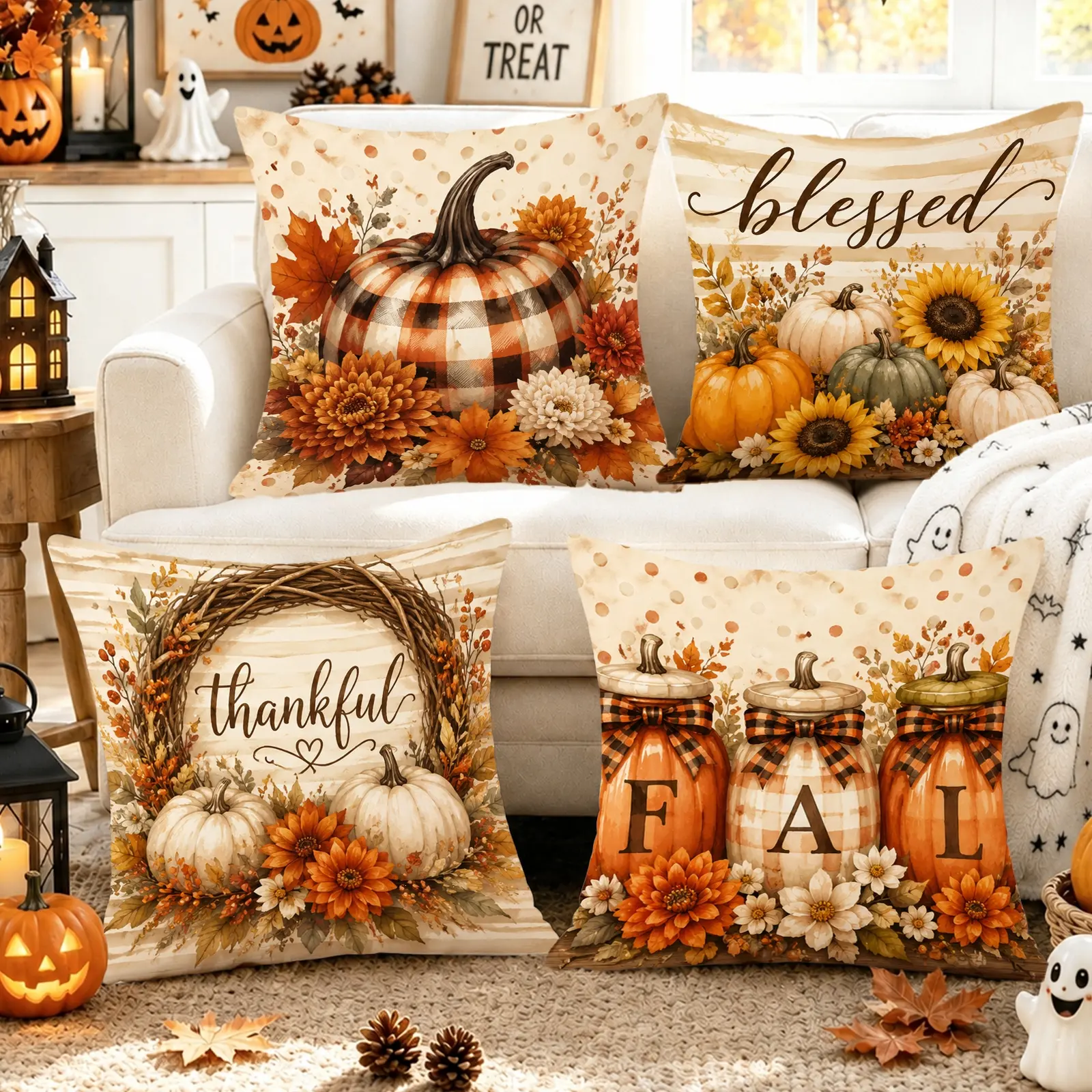 4PC Plaid Pumpkin Wreath Typography Pillow Covers, Thanksgiving Farmhouse Blessed Blessing Prints, Cozy Fall Holiday Home Decor for Living Room Bedroom Sofa, Inserts Not Included.