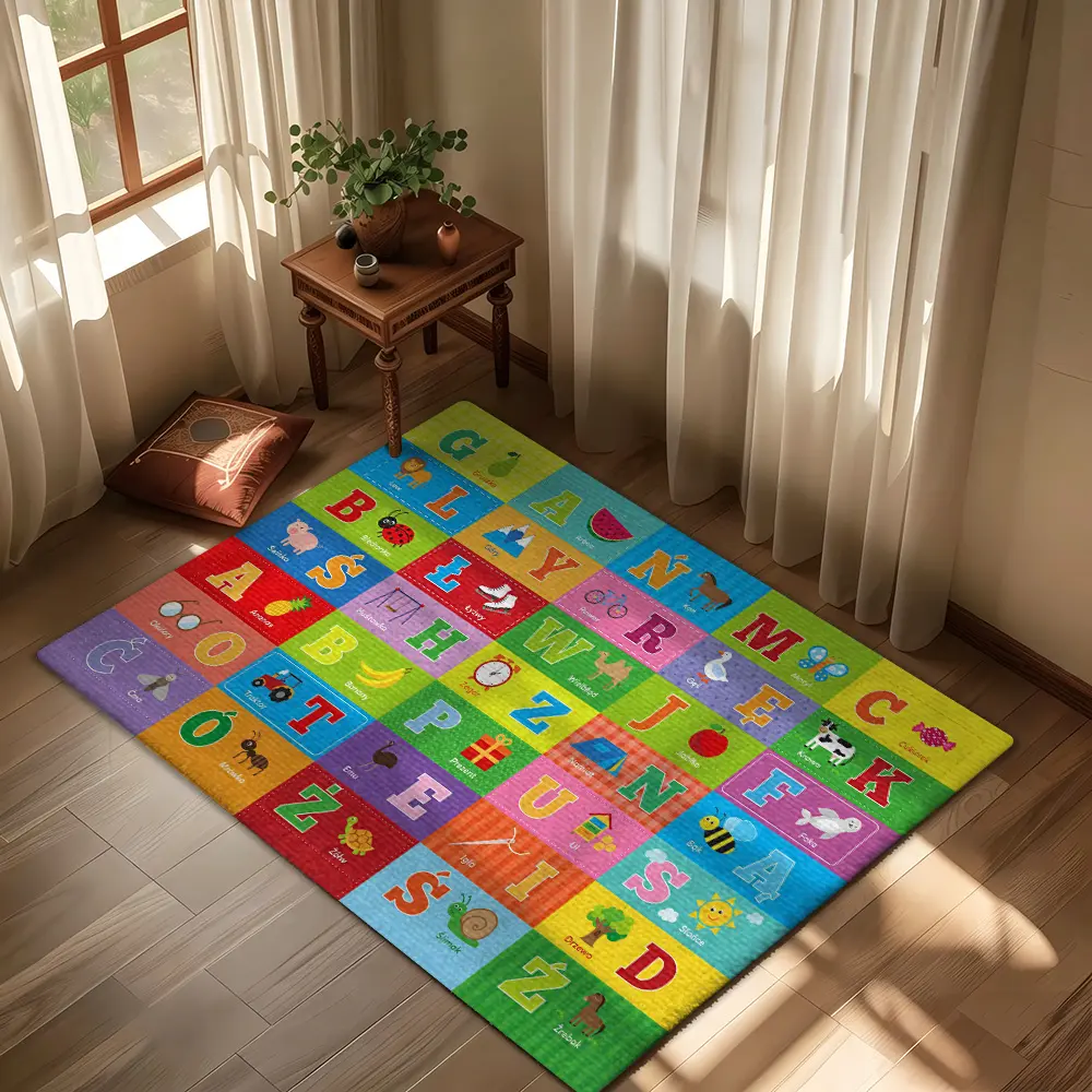 Colorful Grid Alphabet Cartoon Kids Educational Flannel Rug Play Mats #CartoonAlphabetEducationalRug #BrightGridLetterPictureMat #FlannelCarpet #ToddlerLearningPlayroomDecor