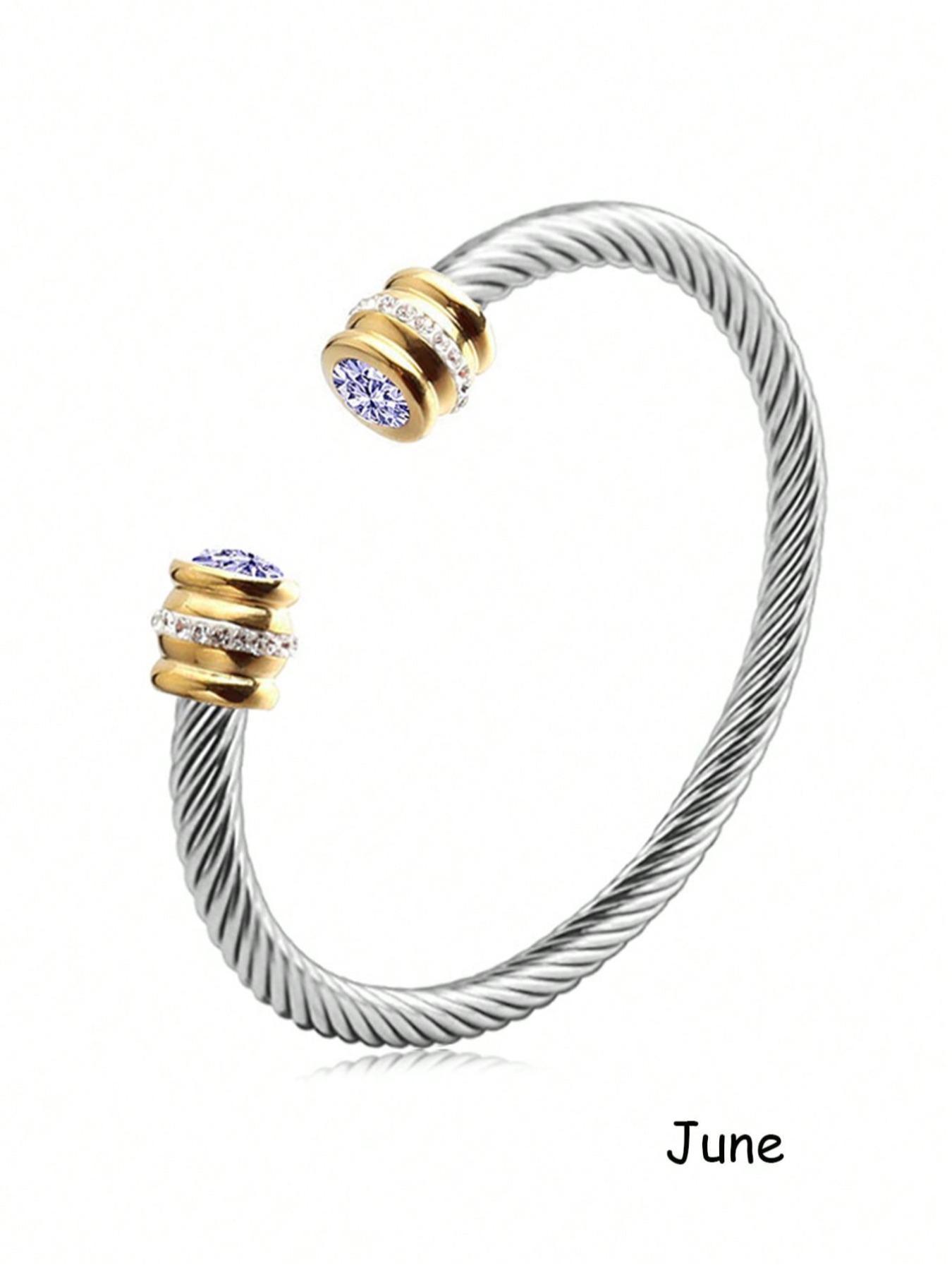 Unisex Casual Fashion Stainless Steel Birthstone Cuff Bracelet, Zinc Alloy Material, All-Season Wear, Rhinestone Design Bangle Bracelet
