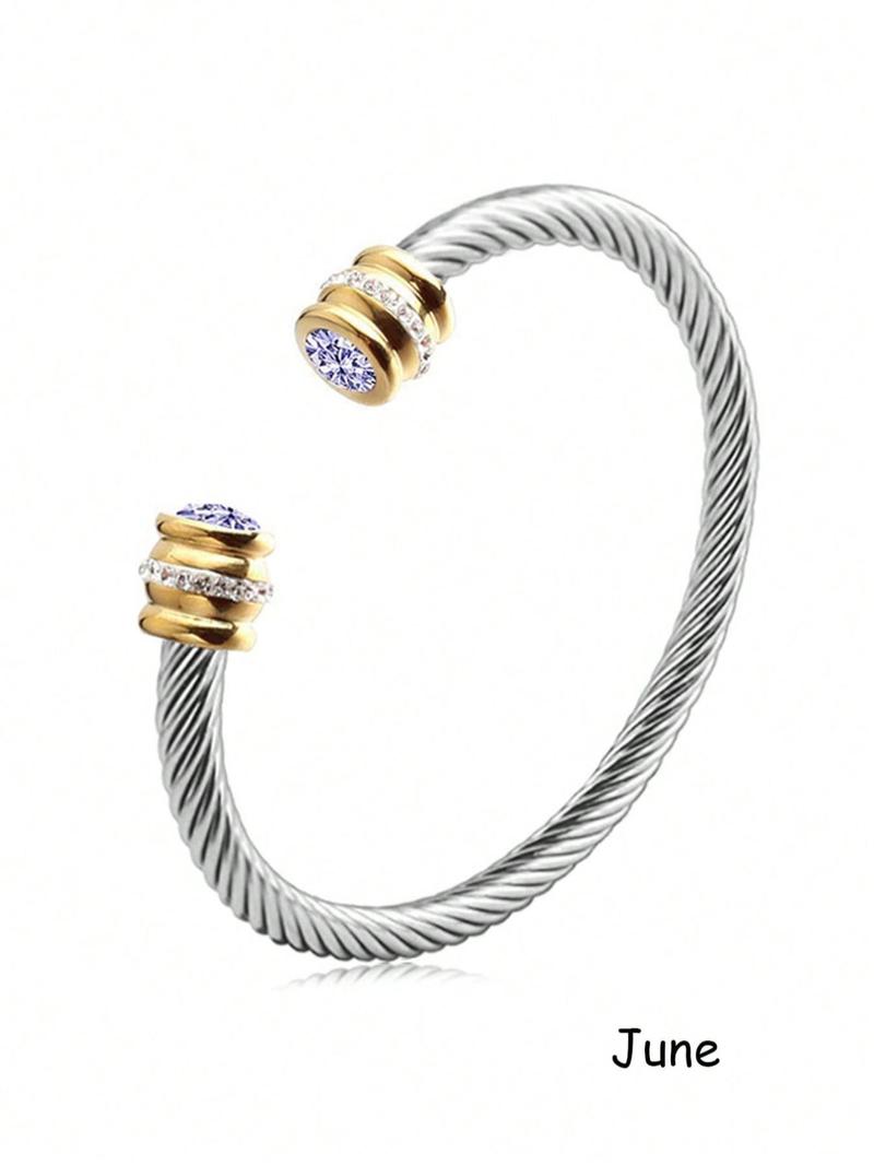 Unisex Casual Fashion Stainless Steel Birthstone Cuff Bracelet, Rhinestone Design, Zinc Alloy Chain, All Seasons Wear, Rhinestone Decor Bangles