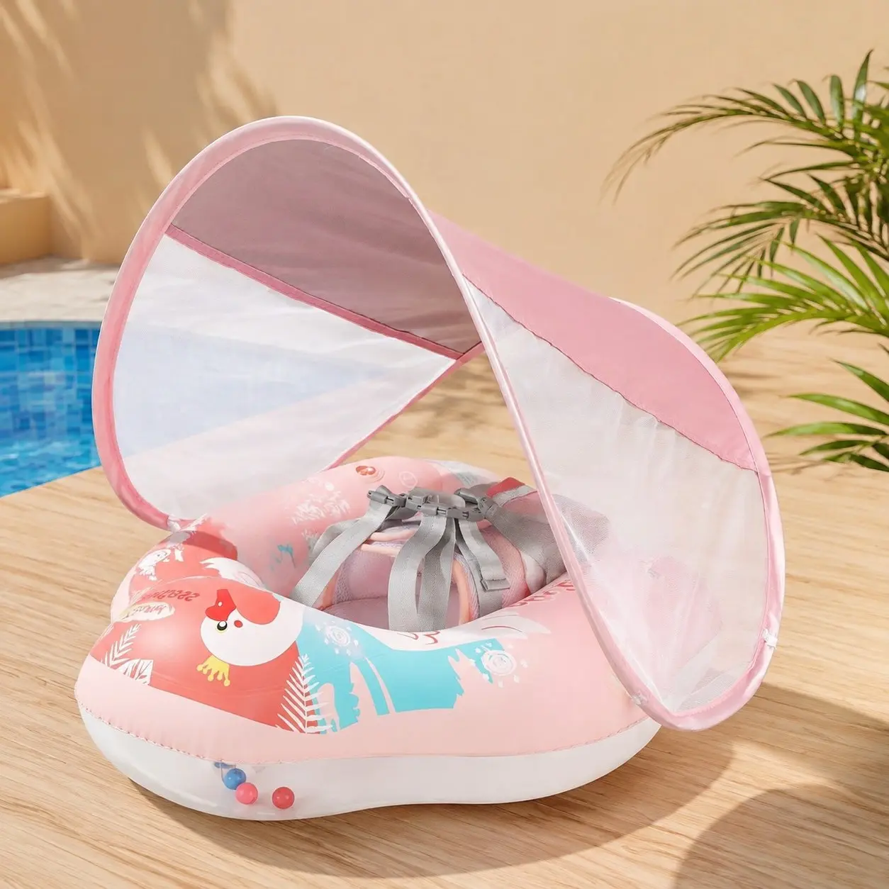 Baby Pool Float with Cloth Safety Seat & Sun Canopy Inflatable Infant Swim Float Pool Toys for KidsGift