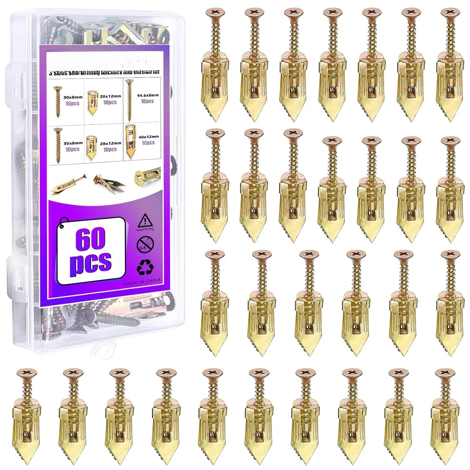 60 count Self Drilling Drywall Anchors Kit, 3 Sizes, No Drill, Holds Up to 50 lbs, for Gypsum Wallboard, Drywall, Wall Lights, Picture Frames, Curtains, Clocks