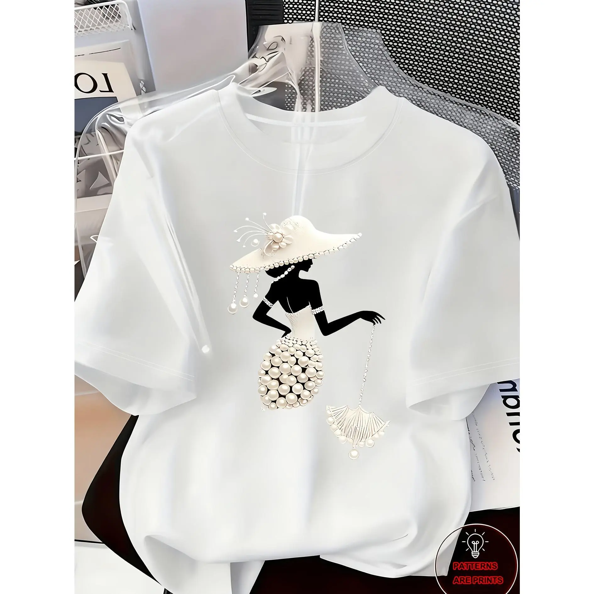 Women's Elegant Style Graphic Print Top with Pearl and Crystal Embellishments, Casual Round Neck Short Sleeve for Spring Summer Daily Wear