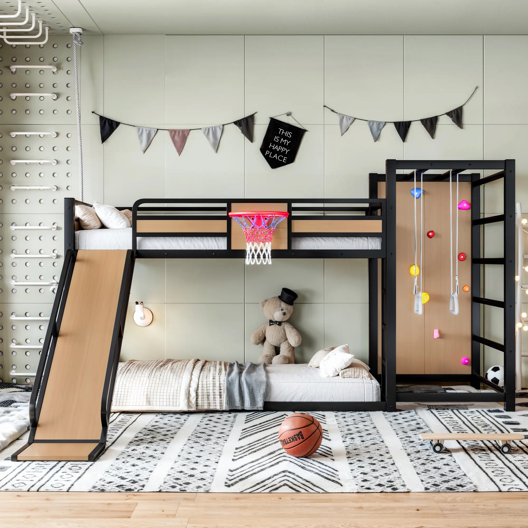 ARCH Twin XL Metal Loft Bed with Slide, Basketball Hoop, Climbing Wall, Pull-Up Rings, Bookshelves - Black/Yellow Metal/MDF Kids Bed Frame for Playroom, Bedroom - Space-Saving Children's Furniture Playset, Slide/Playset