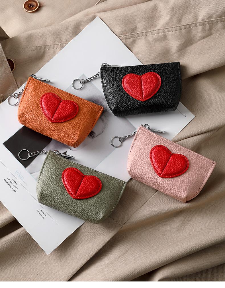 Heart-Shaped Mini Coin Purse – Cute Keychain Wallet for Women, Small Zipper Card Holder for Coins, Cash & Keys, Everyday Essential, Black with Red Heart Design
