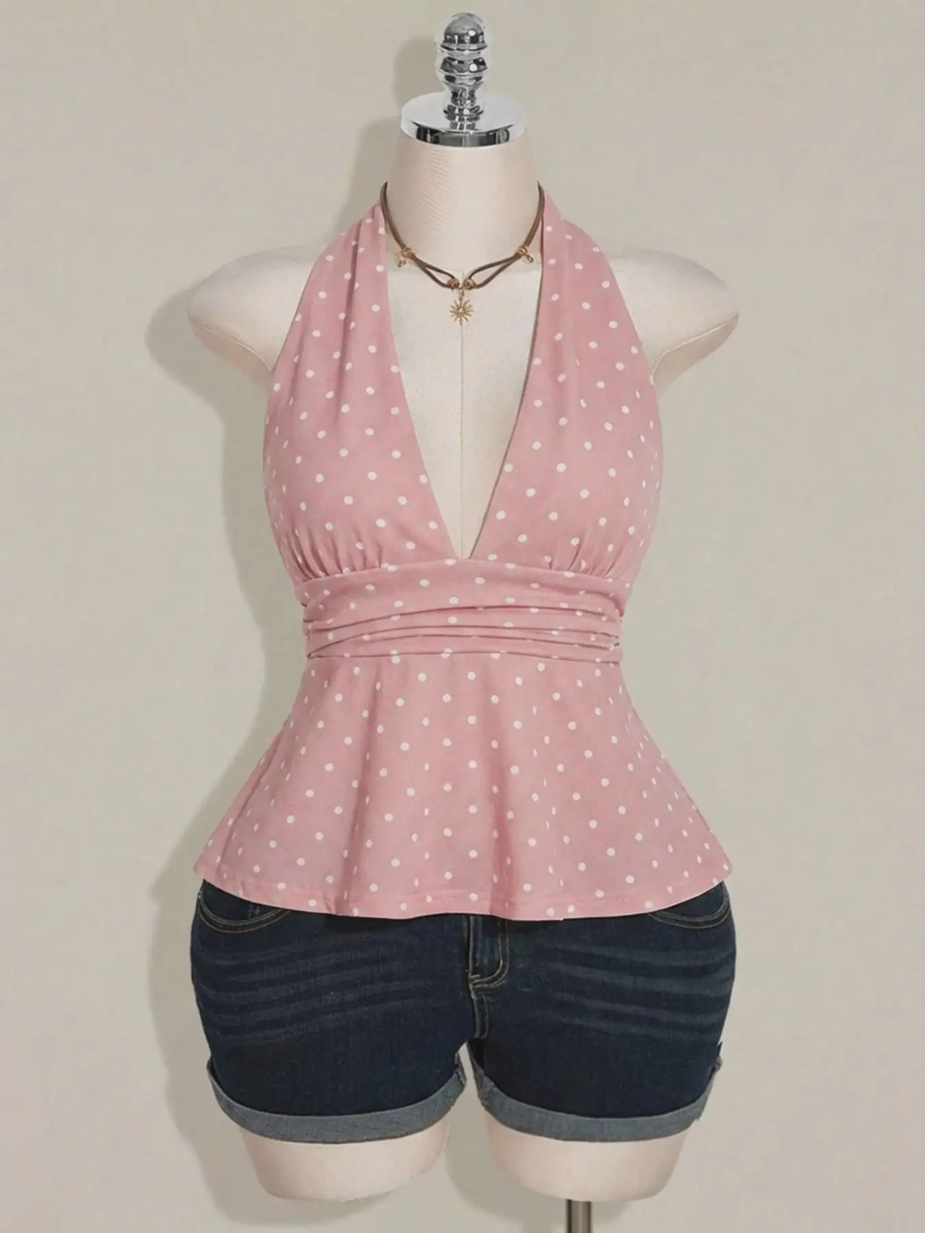Plus Size V-Neck Cinched Waist A-Line Backless Polka Dot Camisole, Retro Y2K Halter Babydoll Top, Chic Stylish and Comfortable Feminine Design