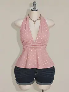 Plus Size V-Neck Cinched Waist A-Line Backless Polka Dot Camisole, Retro Y2K Halter Babydoll Top, Stylish and Comfortable Design
