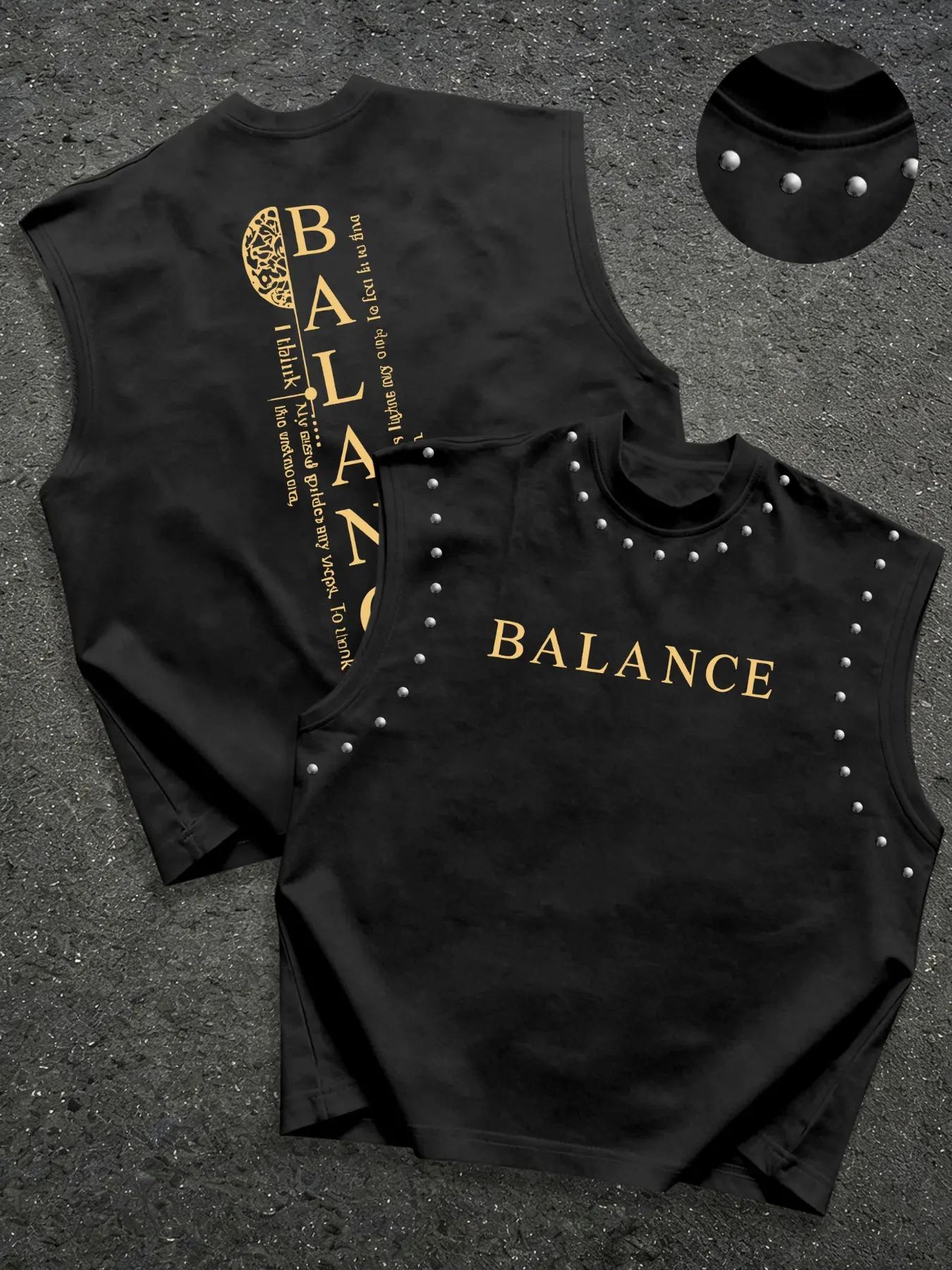 Men's "Balance" Letter Print Sleeveless Tank Tops, Muscle Tanks, Studded Decor Casual Muscle Vests, Breathable Summer Tees #BalanceTank #SleevelessMuscleTee #StuddedTankTop #CasualMensTank #TikTokMadeMeBuyIt