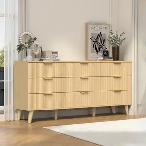 Aobtkel 9-Drawer Dresser for Bedroom, Fluted Wooden Chest of Drawers, Natural Finish, 63"W x 15.7"D x 29.5"H, Ideal for Children's Room & Nursery, Dressers, Drawers For Bedroom