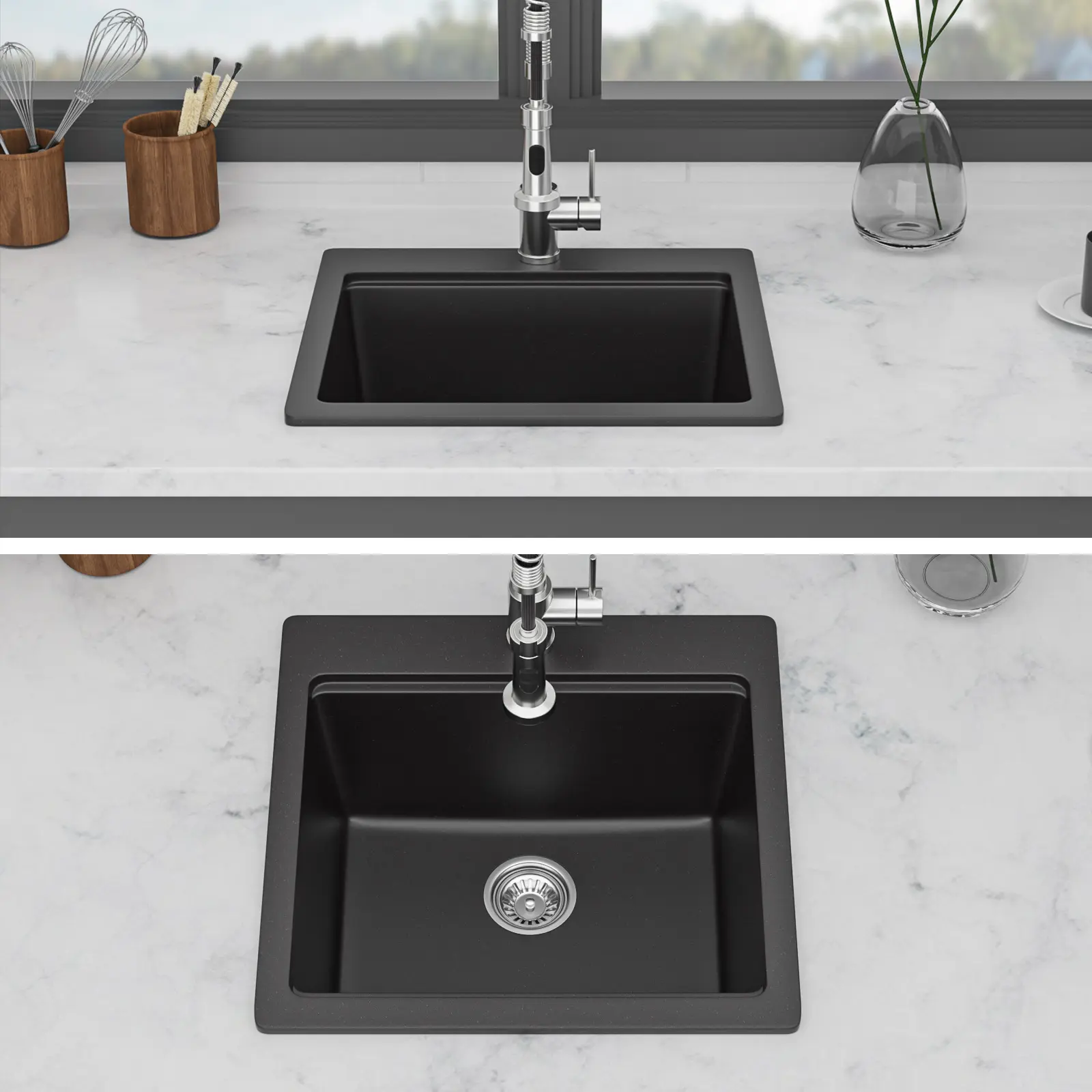 ARCH Quartz Composite Drop-In Workstation Kitchen Sink 21x20x9.625 Inches Black Granite Single Bowl Bar Prep Laundry Utility Sink with Cutting Board Roll-Up Rack Bottom Grid Strainer Basket for Kitchen Island, Black Color Options, Quartz Material,sohochic