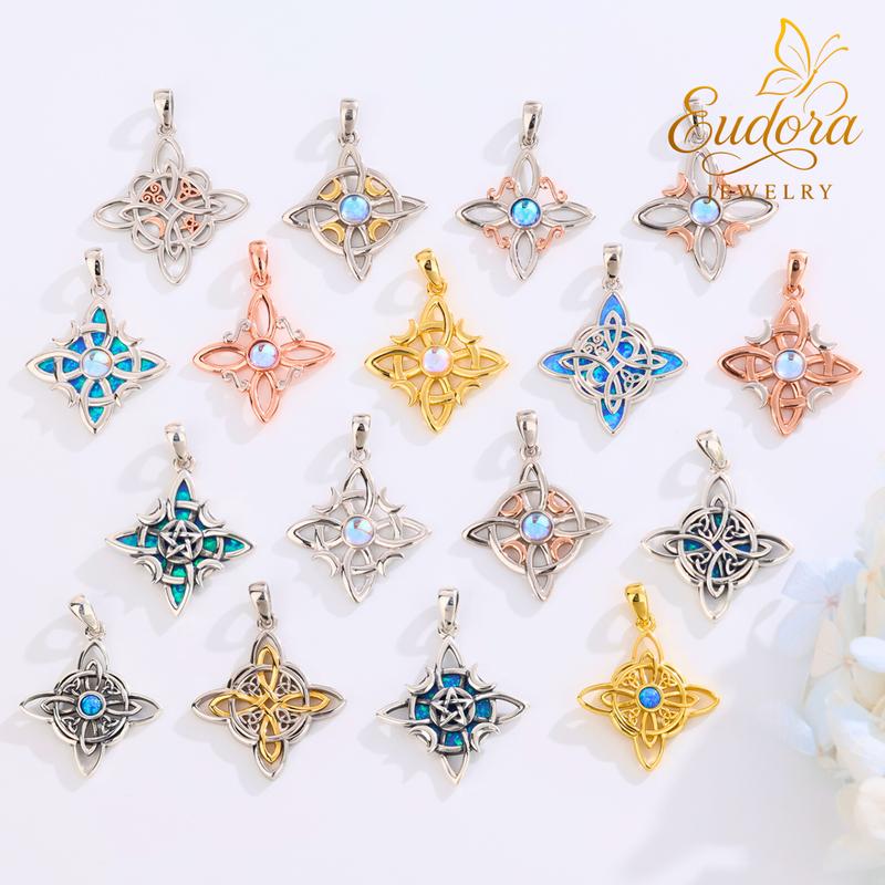 Eudora S925 Silver Witch Knot Necklace Collection Celtic Knot Pendant Mother of Pearl & Blue Opal Nudo De Bruja Talisman Protective Symbol Handmade Witchy Jewelry Gift