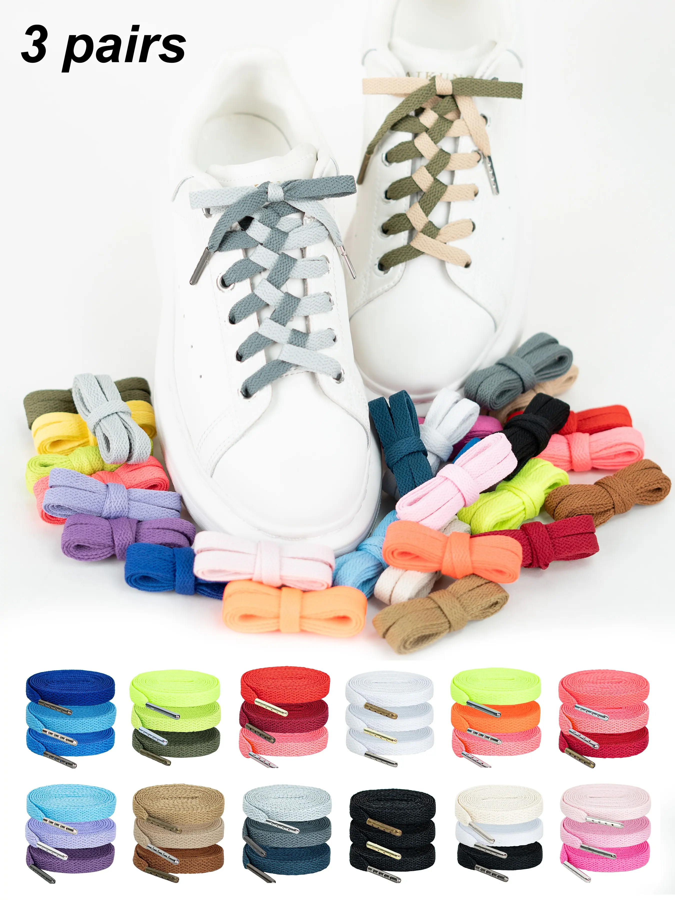 Three Pairs of 8mm Wide Solid Color Braided Flat Laces, Ideal for Daily Casual Wear, Suitable for Various Shoes