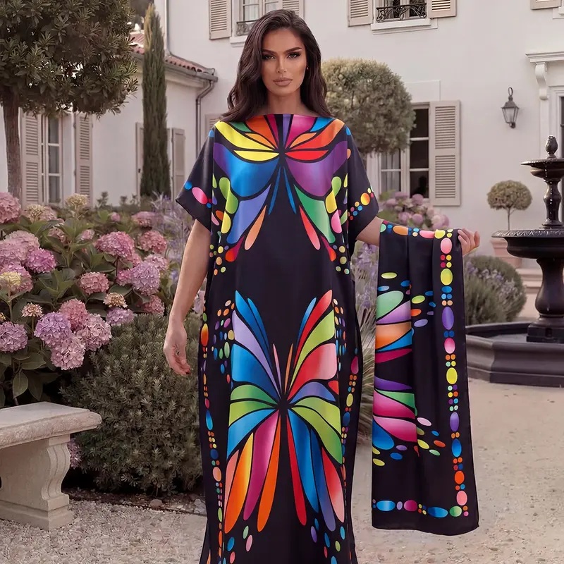 Elegant Fashion Casual Boho Fit Full-Body Print Robe Set, Moomoo Long Dress + Headscarf Scarf, Women's Beach Sun Protection Silk Scarf