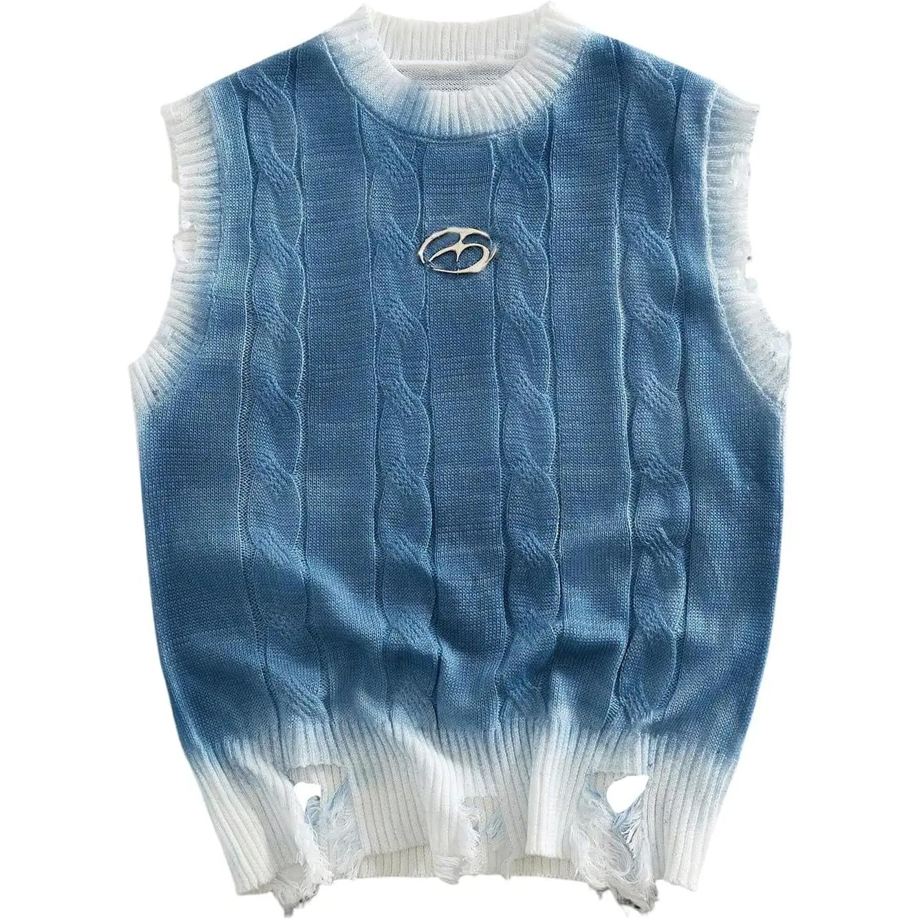 WDIRARA Men's Ombre Distressed Sweater Vest Ripped Sleeveless Tank Top |   Crew Neck, Destroyed, Streetwear, Cable Knit Pullover