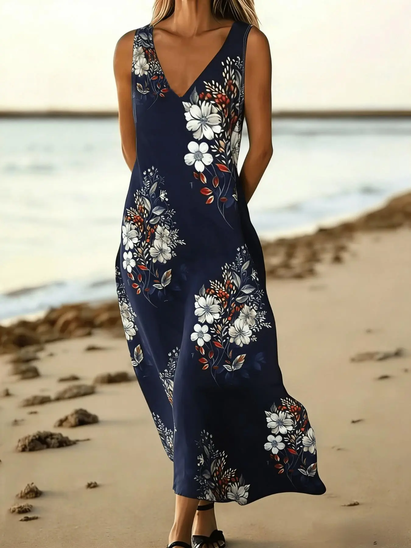 Holiday casual sleeveless V-neck long boho lounge dress with fresh floral prints, loose fit suitable for beach travel Boho Summer Dresses