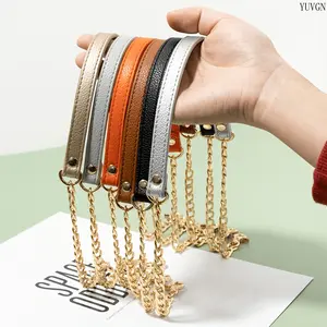 6PCS Single Gold Curb Metal Chain With Synthetic Leather Strap, Versatile Replacement Crossbody Shoulder Bag Accessory With Square Buckle, Practical DIY Handbag & Purse Making Hardware Strap