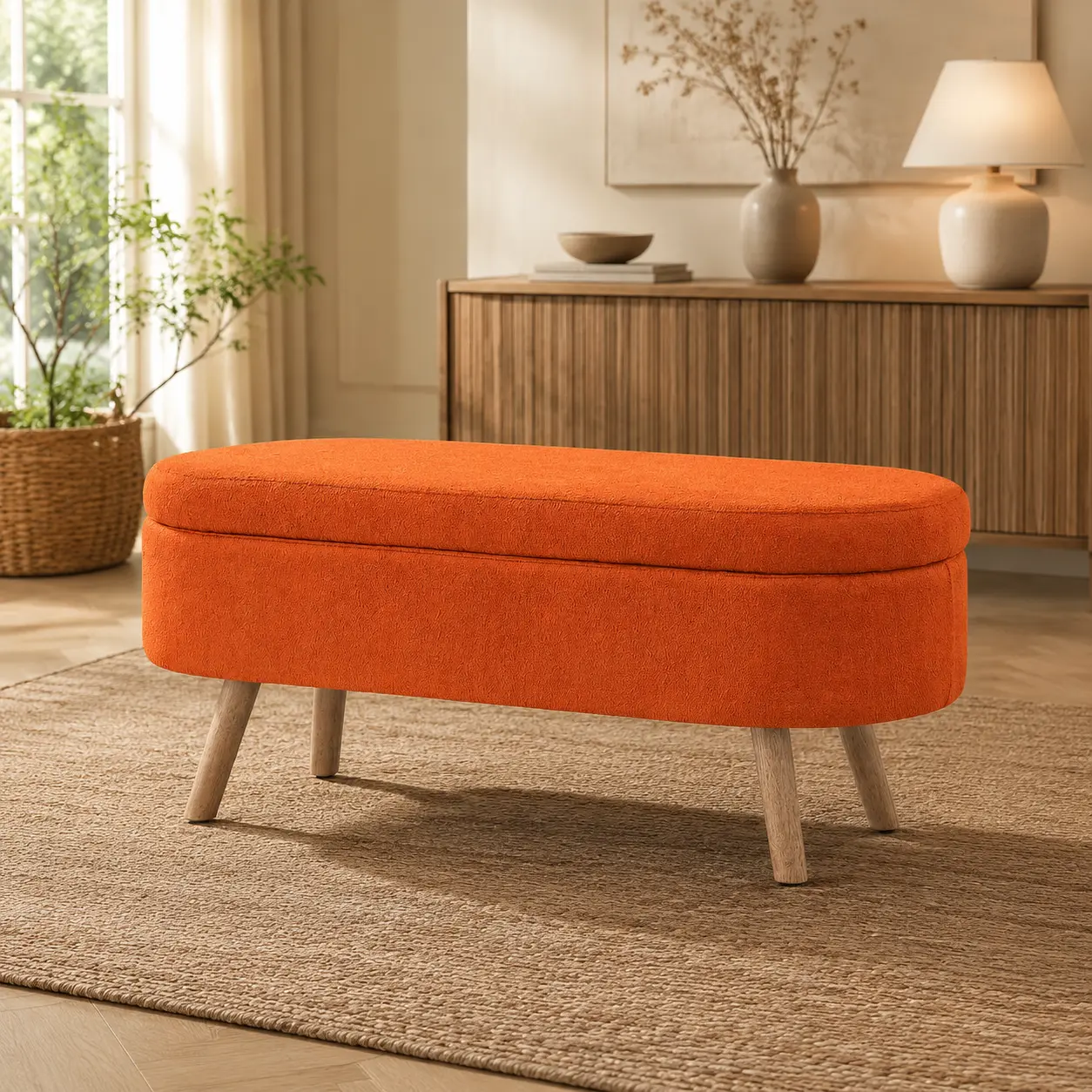 Littleox Luxury Oval Boucle Storage Ottoman Bench with Wood Legs 350lb Weight Capacity & Safety Hinge, for Living Room, Bedroom Entryway