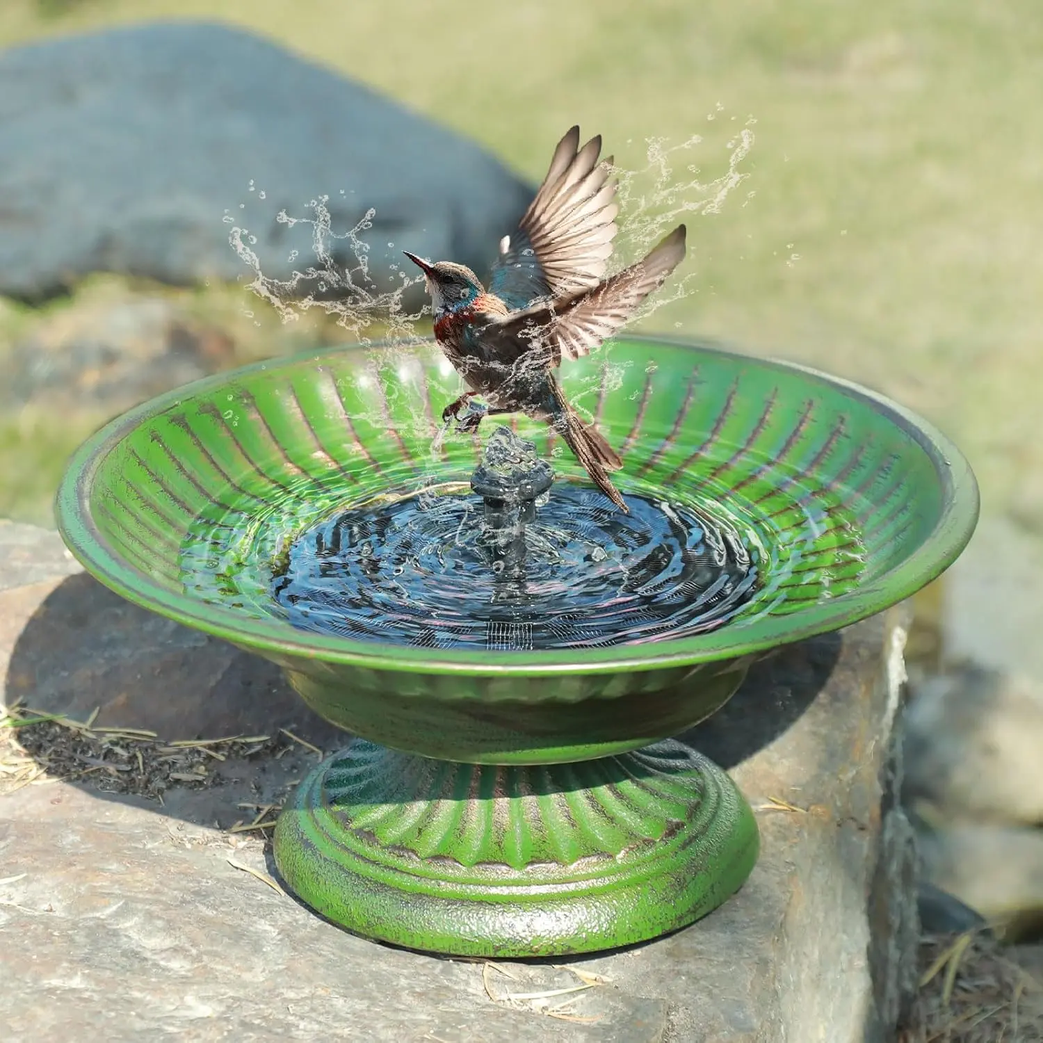 Cast Iron Pedestal Bird Bath with Solar Powered Fountain - Bird Bath Bubbler for Garden, Patio & Yard