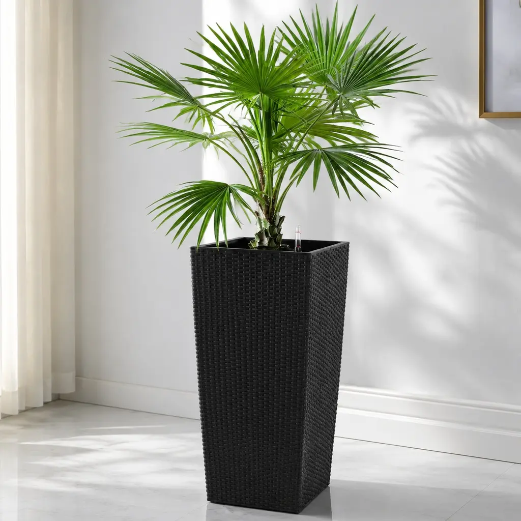 30-Inch Tall Large PP Plastic Self-Watering Floor-Standing Decorative Flower Pot with Drainage Holes, Inner Trays, Inner Bucket, Water Level Monitor - Indoor Garden Accessory for Patio, Porch, Black