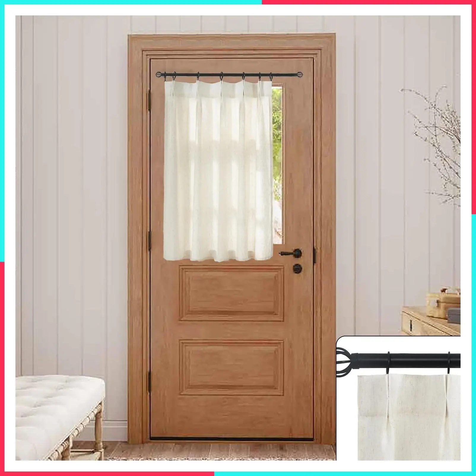 French Pinch Pleated Linen Sheer Short Curtains for Front Door Glass Window, 30x40 Inches, 40 Inch Length, Small Size, Bedroom Door Curtain