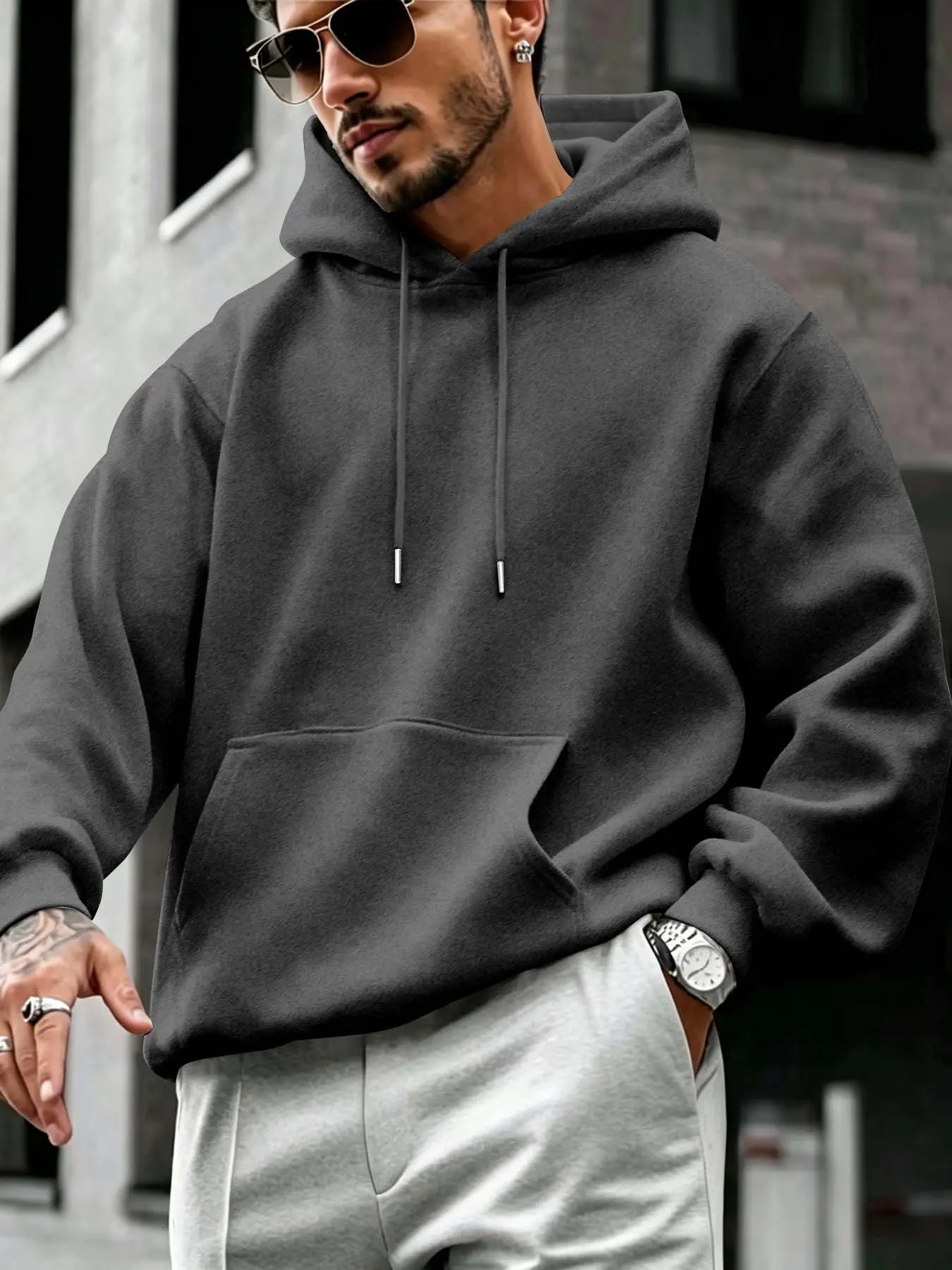 Men's Casual Plain Solid Color Hoodie, Regular Fit Streetwear, Drawstring Pocket Long Sleeve Pullover, Fashionable Daily Wear
