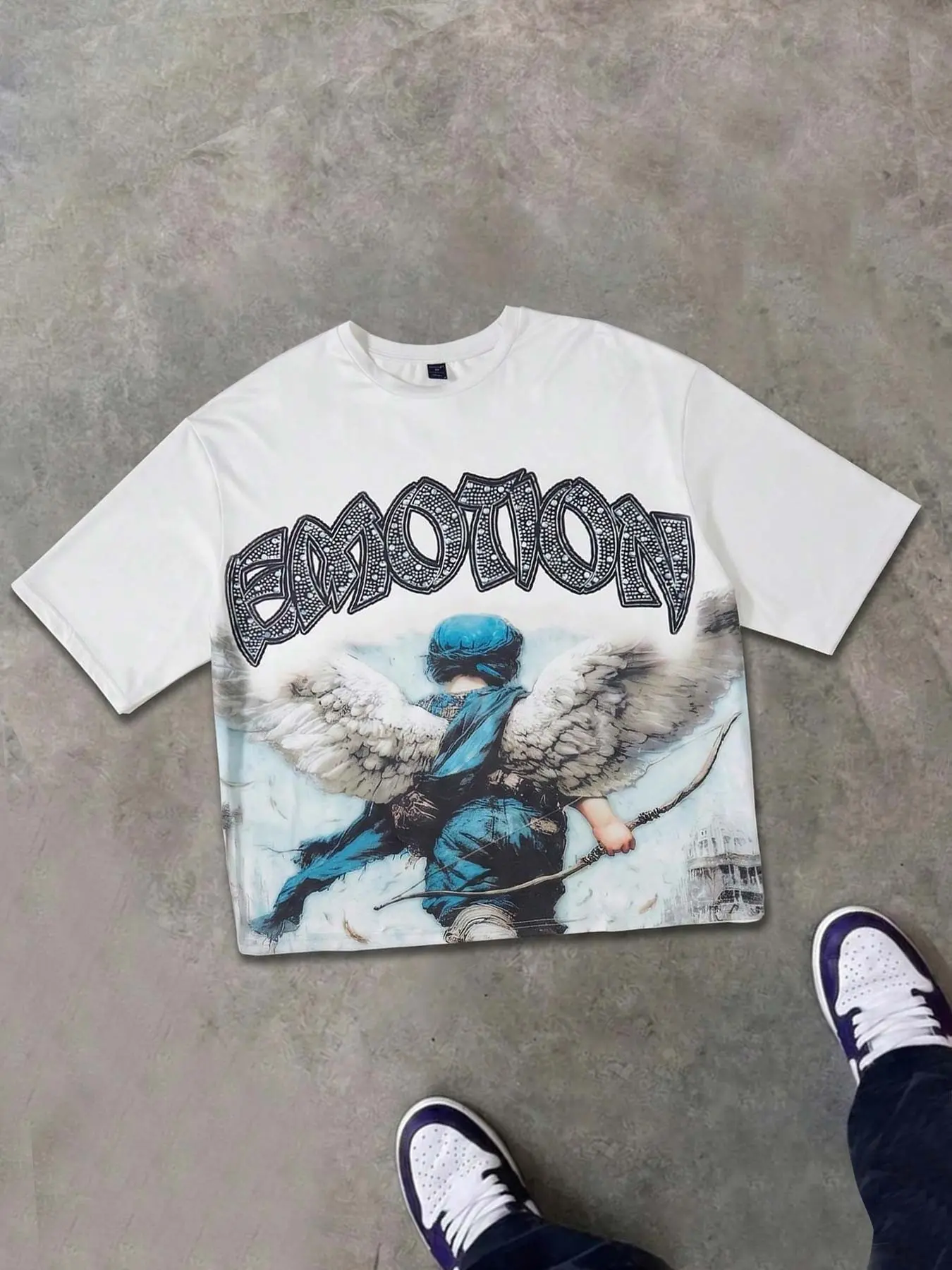 Angel Oil Painting Short Sleeve T-Shirt with Emotion Slogan Graphic Print for Men, Menswear, White Oversized Baggy Loose Fit Vintage Retro Style Unisex Streetwear Casual Summer Clothing Short Sleeve Top 2026 New Summer Fashion Angel Child Wings
