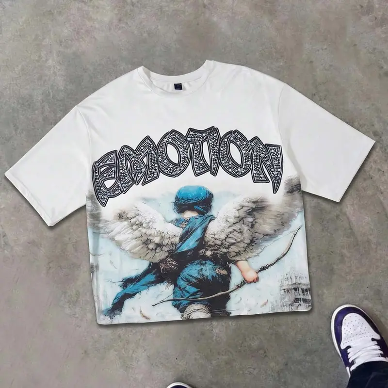 Angel Oil Painting Short Sleeve T-Shirt with Emotion Slogan Graphic Print for Men, Menswear, White Oversized Baggy Loose Fit Vintage Retro Style Unisex Streetwear Casual Summer Clothing Short Sleeve Top 2026 New Summer Fashion Angel Child Wings