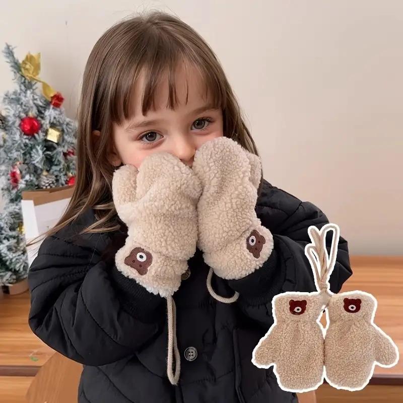 Kids Plush Winter Gloves with Neck Hanging Loop - Thick Warm Thermal Mittens for Boys & Girls 2-5 Years, Soft Brown/Beige/Gray/Black, Cozy Everyday & Play, Easy On/Off Design, Ideal for Christmas & New Year's Gifts, Adorable Plush Material for Boys & Girl