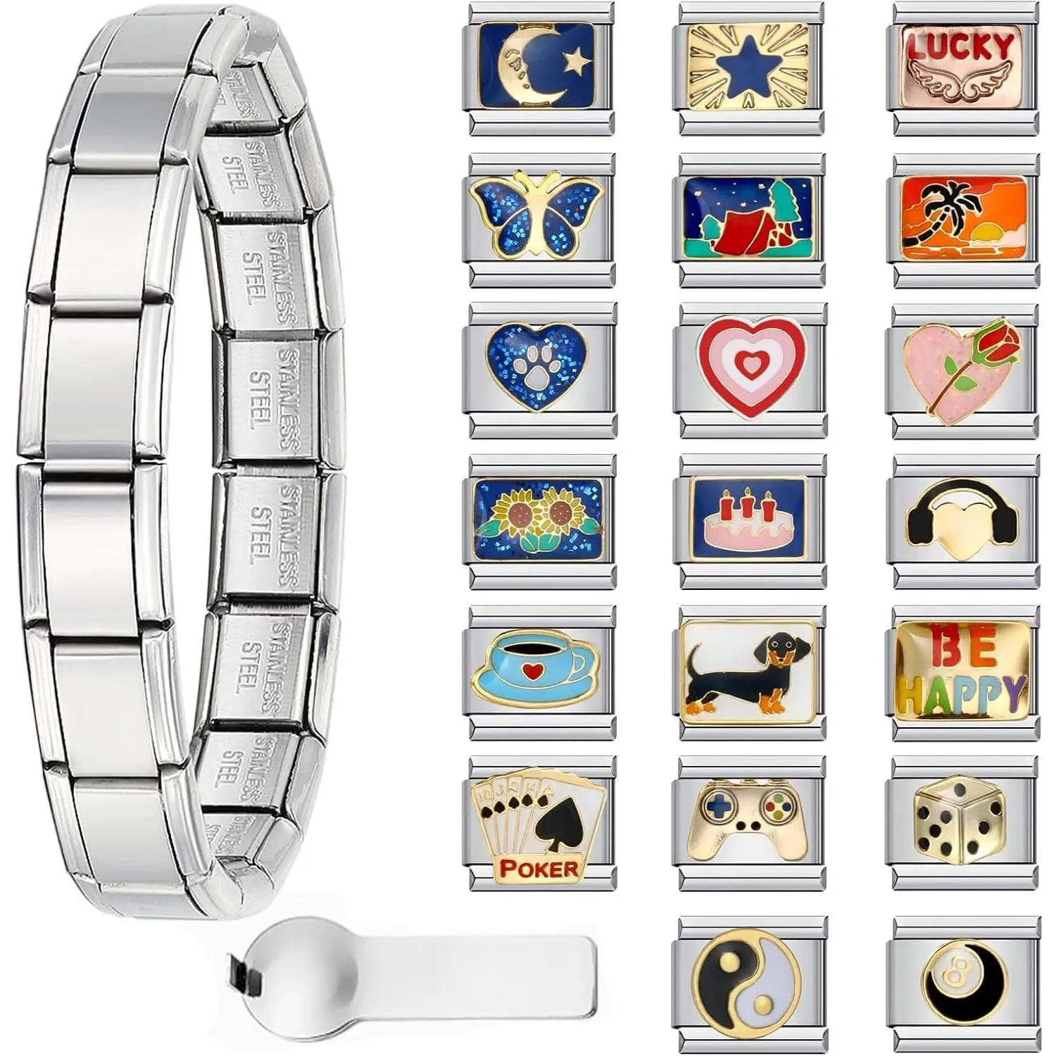 Italian Charm Bracelet with 10 or 20 Charms, Stainless Steel Adjustable DIY Charm Bracelet for Women & Men, Includes Opener Tool – Gold or Silver OptionsGift.