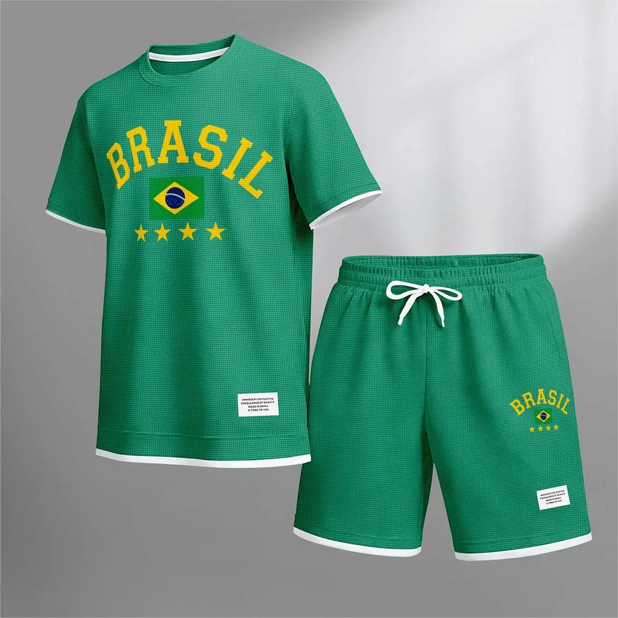 Men's 2-Piece Set, Brazil Flag Graphic T-Shirt and Drawstring Shorts, Casual Loose-Fitting Athletic Wear, Soft Polyester with Contrast Binding, Menswear, Shortsleeve, Fabric, Minimalist, Crew Neck, Two-Pieces