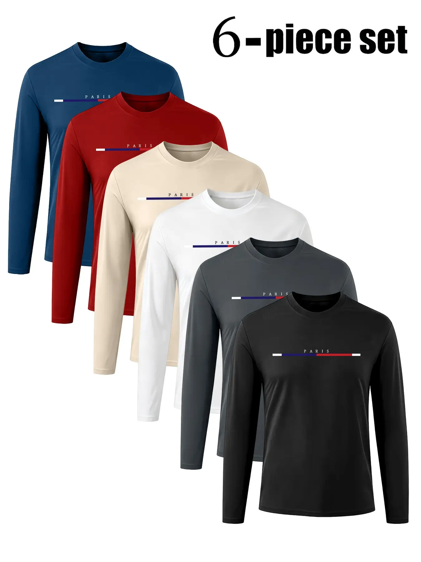 6-Pack Men's Spring Fall Fitness Long Sleeve T-Shirts, Paris City Print Design, Sporty Style, Casual Wear, Single Layer