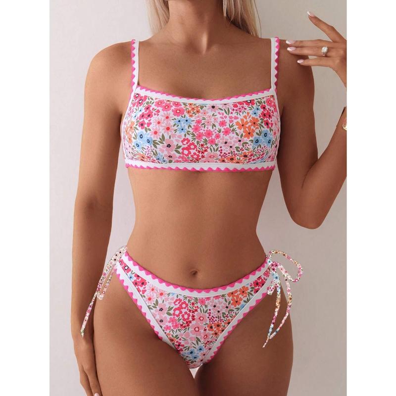 ZAFUL Ladies' Bikini Set - Knitted Printed Dog Tooth Edged High-Waisted Strappy Swimsuit - Cute One-Piece Swimsuit