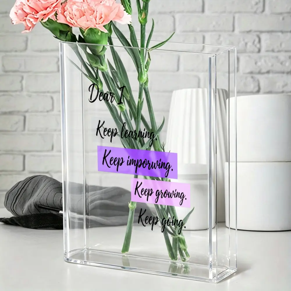Acrylic Clear Rectangular Vase, Inspirational Quote Design With Purple Highlights, Motivational Message For Personal Growth, Office Home Living Room Decor, Modern Minimalist Desk Centerpiece For Fresh Flowers, Modern Decorative Vase