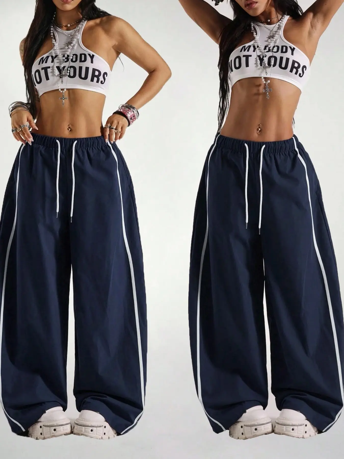 Women's Fashion Casual Loose-Fit Tie Side Stripe Pants, Unlined, Suitable for All Seasons, Comfortable Long Trousers