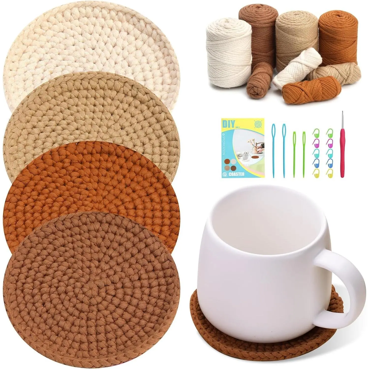 Crochet Kits, Crochet Kit for Beginners 4 count Crochet Coasters Kits | Crochet Kits with Crochet Yarn, Crochet Hook, Step-by-Step Instructions Video, Crochet Supplies Set Craft Kits for Adults