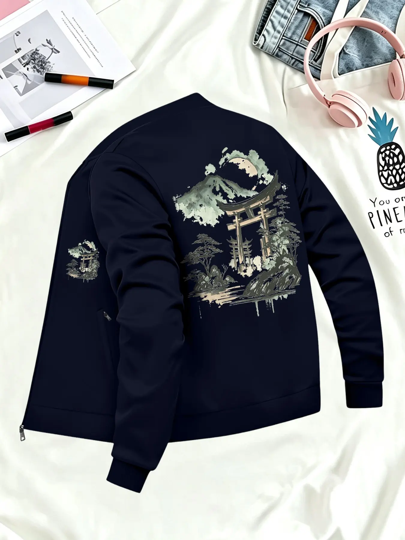 Men's Long Sleeve Zipper Jacket, Japanese Vintage Castle Print, Casual Outerwear, Smooth Zipper + Pocket Design, All Seasons
