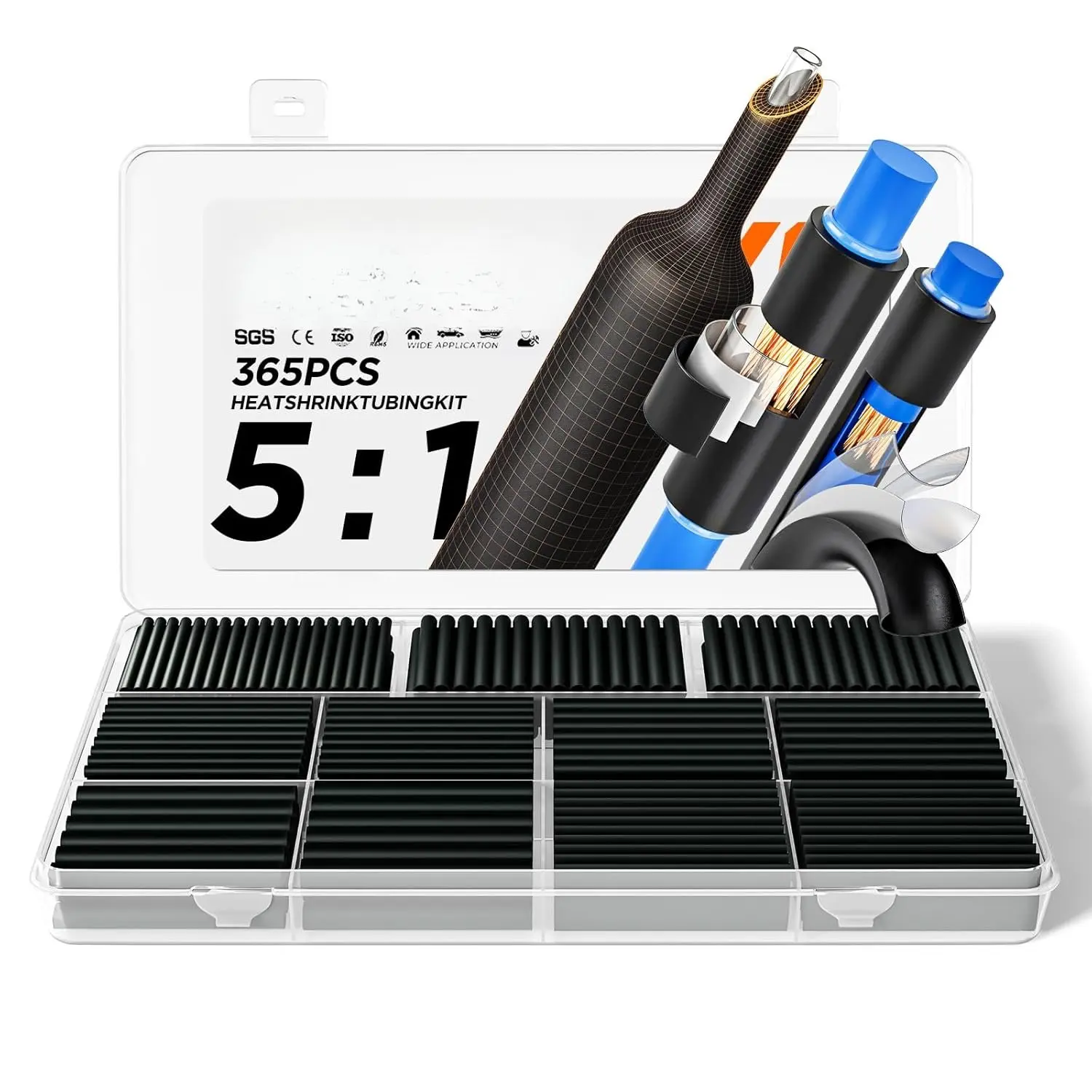 5:1 Heat Shrink Tubing Kit 365 count, Industry-Leading 5:1 Ratio Shrink Wrap Tubing Adhesive Lined, Heat Shrink Wire Connectors, Marine Grade  Wall,  Electrical Wire Tube Connectors(Black)