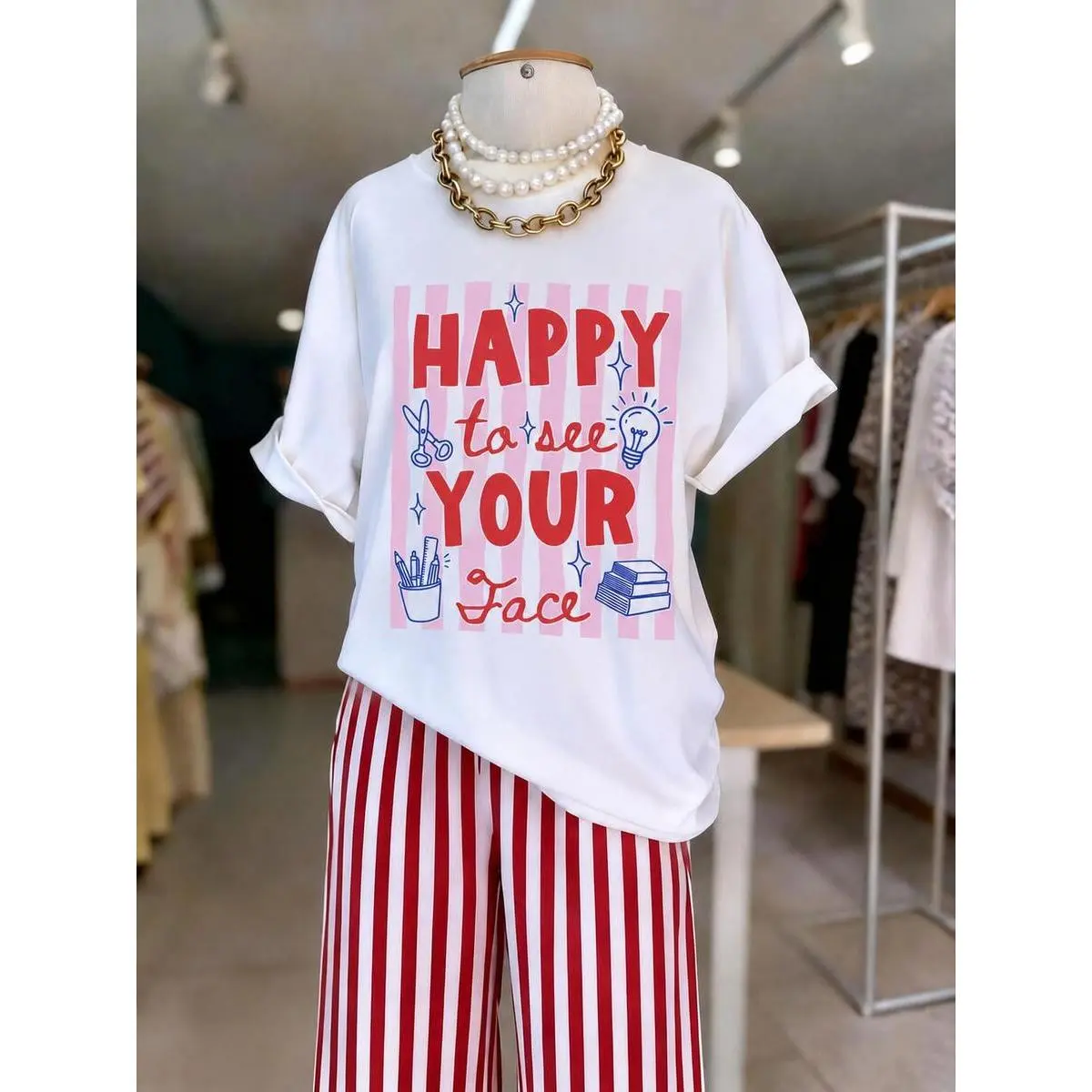 Women's Soft Seamless Apparel - 1st Day of School Striped Border Elementary Teacher Tshirt, Cute Back to School Gift Tee, Cotton, Top, Baggy, Oversized, Pieces, Clothes