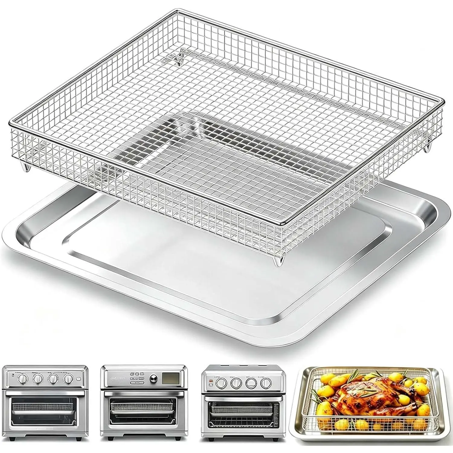 Air Fryer Tray Replacement for TOA-60 TOA-65 TOA-70 Convection Toaster Oven Tray Replacement, 12.4"x11" Steel Baking Pan and Wire Rack Mesh Basket Accessories Parts, NonStick/Dishwasher Safe
