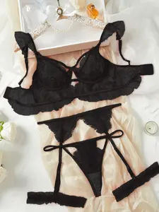 Romantic Midnight Floral Embroidered Lace Lingerie Set, Steel Ring Thong Garter Belt Leg Rings, Comfortable Women's Underwear  sexy cool girl outfits clean girl style
