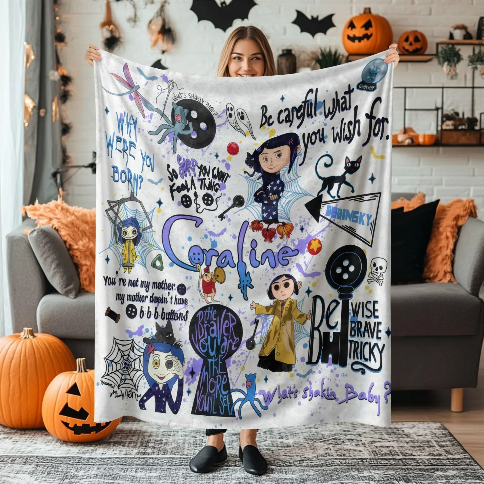 Ghost Mom Quote Button Eye Black Cat Octopus Tentacle Print Flannel Blanket, Soft Plush All-Seasons, Perfect for Movie Lover's Viewing Blanket, Halloween Themed Decor Throw, Photo Backdrop & Fan Gift