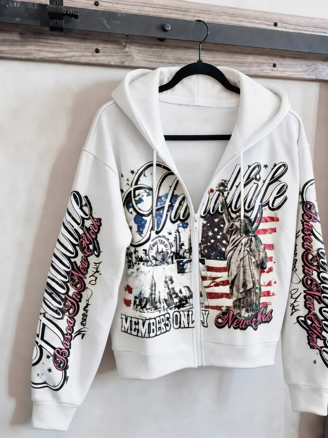 Men's American Oldschool Statue of Liberty Print Loose Zip-Up Hoodie, Vintage Hip-Hop Short Sleeve Hooded Jacket, Casual All-Season Sweatshirt