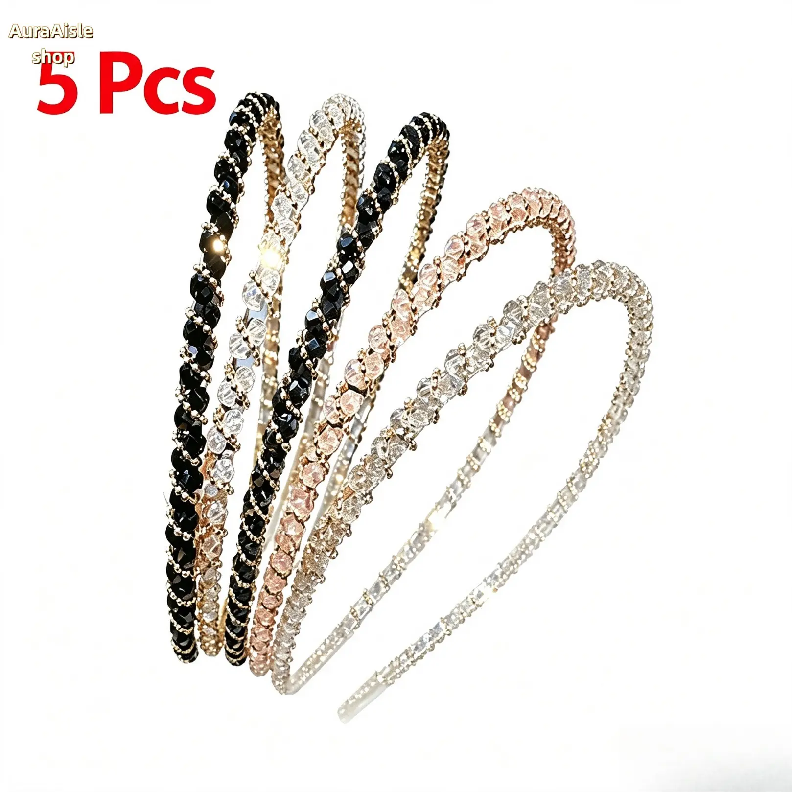 5Pcs Women Rhinestone Beaded Headband Set, Elegant Glitter Crystal Hair Hoops, Lightweight All-match Hair Accessories, Ideal For Daily Outings, Wedding Events And Evening Party Looks