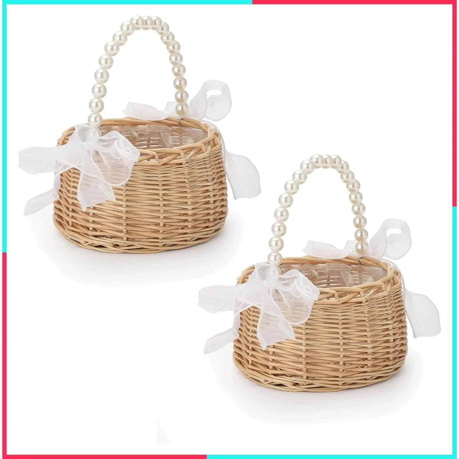 2 PCS Wicker Rattan Flower Girl Basket with Pearl Handle and Bow Fairy Handwoven Easter Basket for Wedding (Brown)