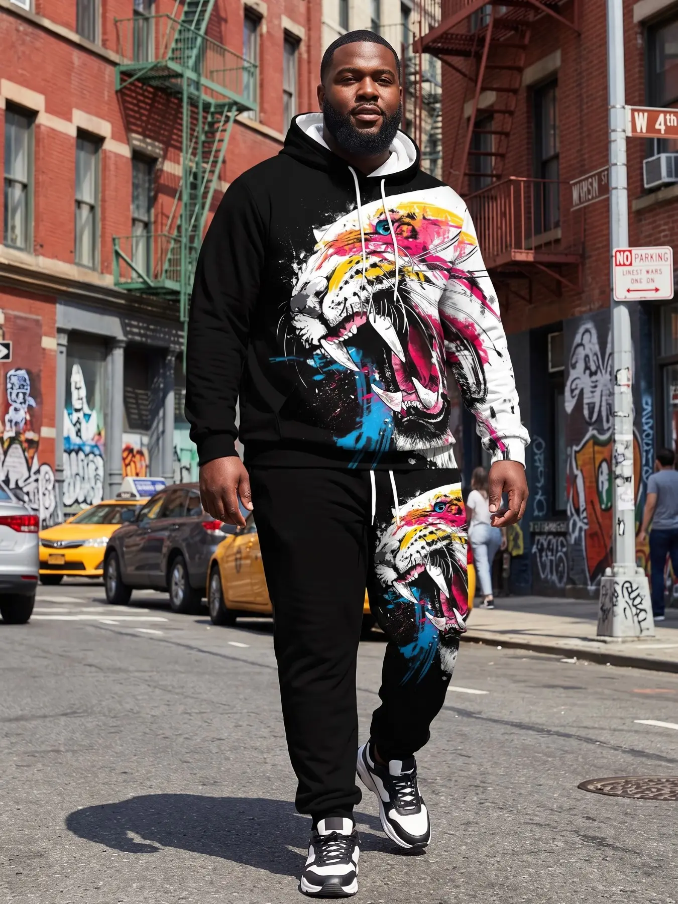 Men's Plus Size 2-Piece Set, Colorful Tiger Print Sweatshirt and Pants, Casual Slim-Fit Long Sleeve, All Seasons Streetwear