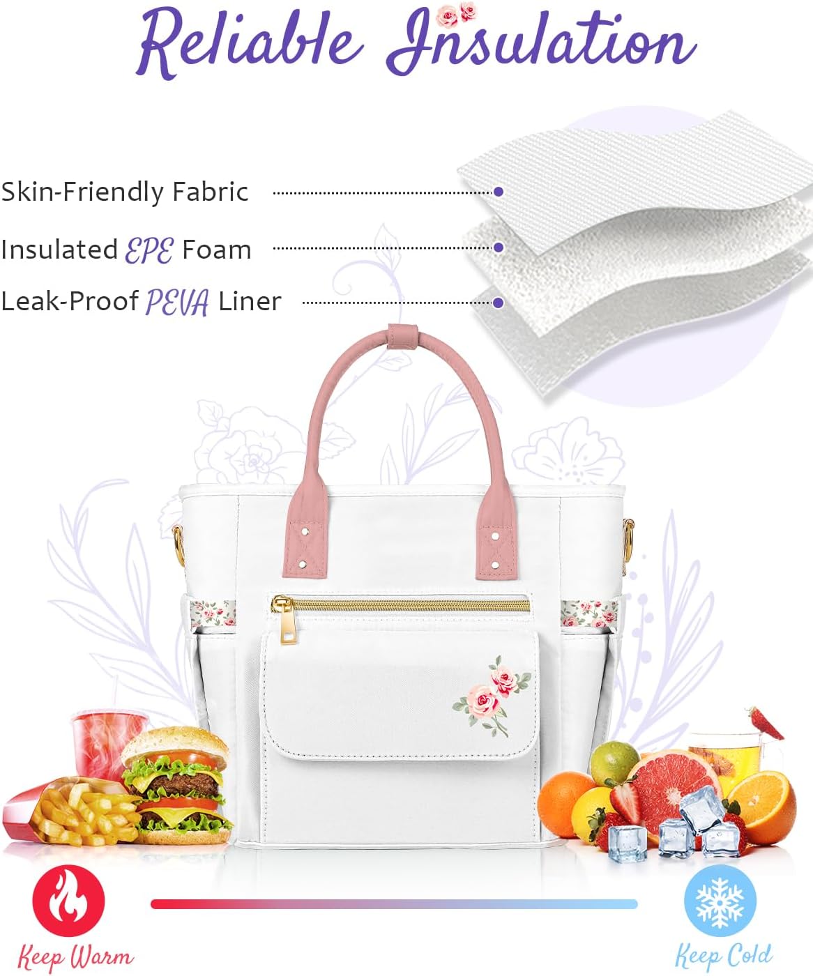 Women's Deluxe Durable Tote Lunch Bag - Leakproof Cooler, Multifunctional Insulated Bag, Multi Pockets, Removable Adjustable Strap for Work, Gym - Teacher Gifts for Mother's Day Christmas Birthday